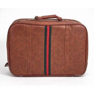 Vintage Faux Leather Carry-On Suitcase Brown Green Red Stripe Retro